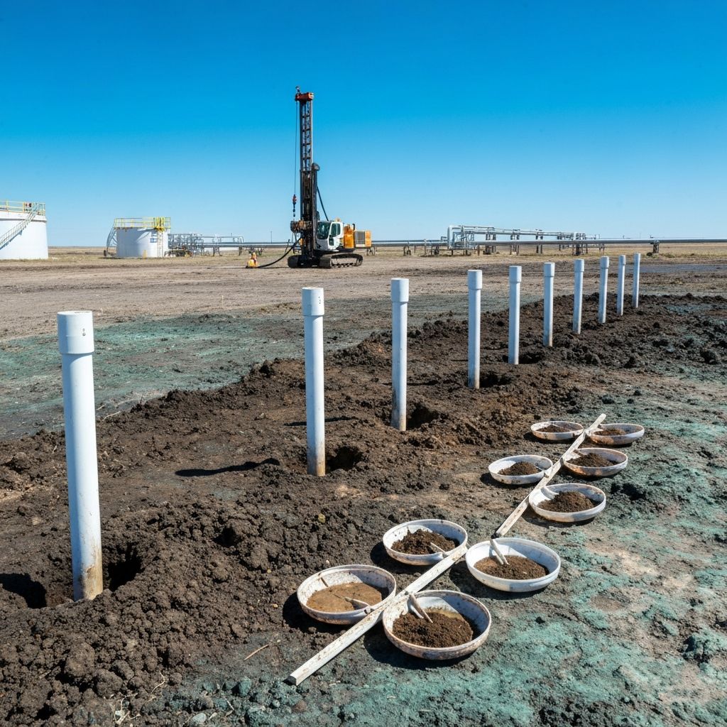 Workers in PPE conducting soil sampling at contaminated oil and gas site
