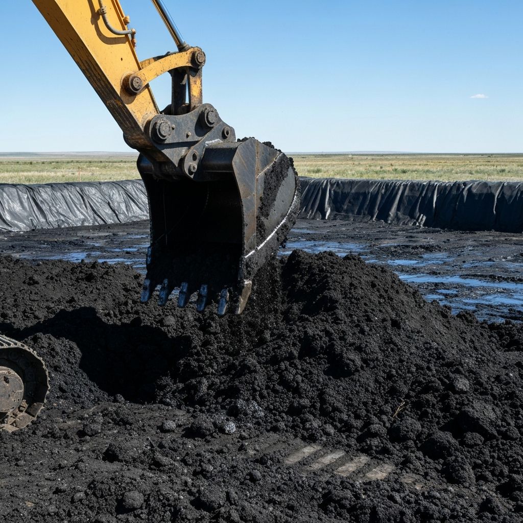 Excavator removing petroleum-contaminated soil at oil sands wellsite
