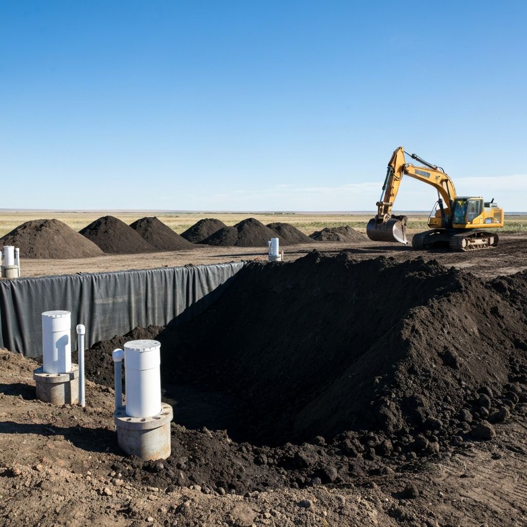 Aerial view of active soil remediation project with heavy equipment and treatment windrows