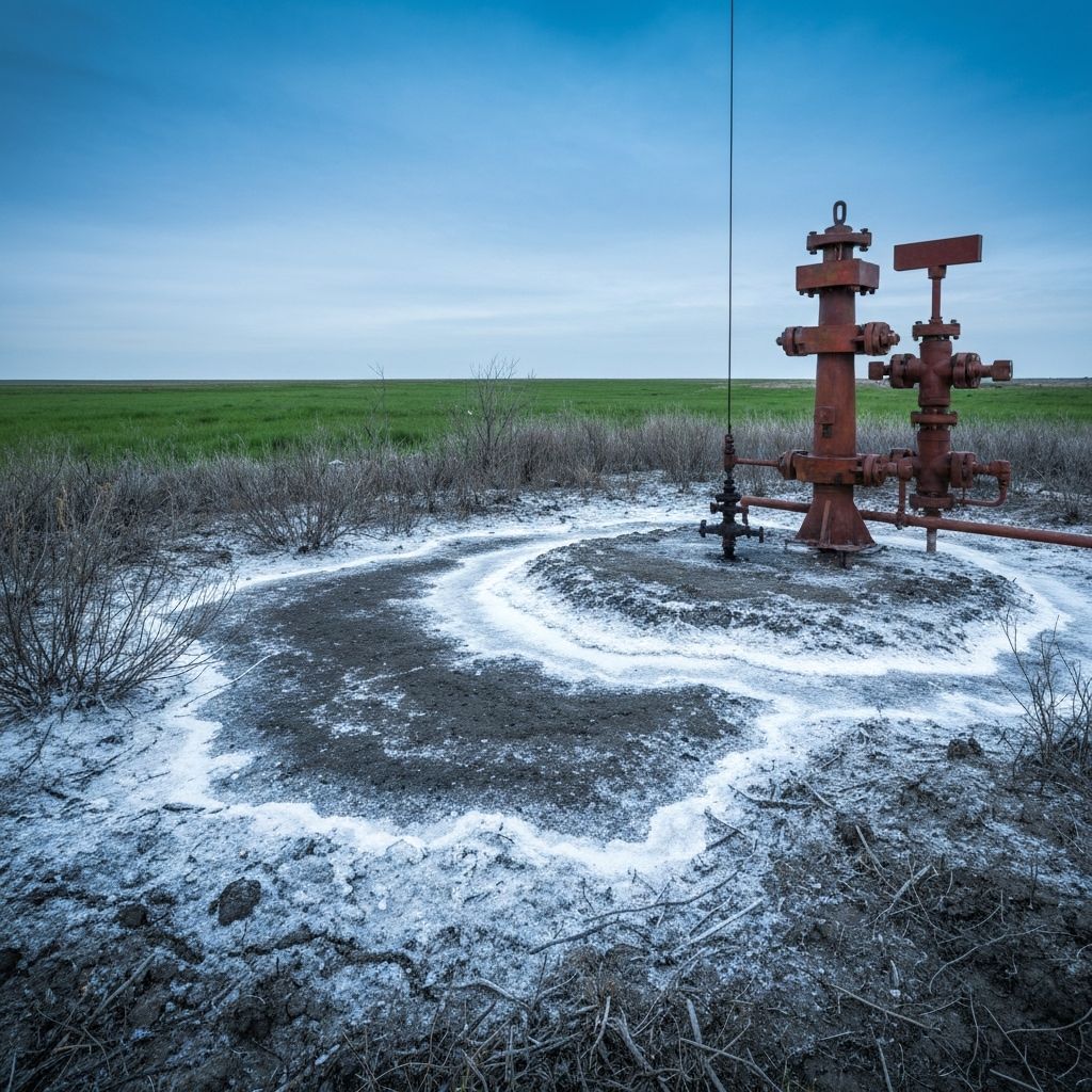 White salt crusts on contaminated soil near pump jack on Alberta prairies